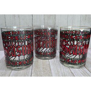 Vtg Houze Glasses Tumblers Season's Greetings Stained Glass Christmas 4" T Set 3